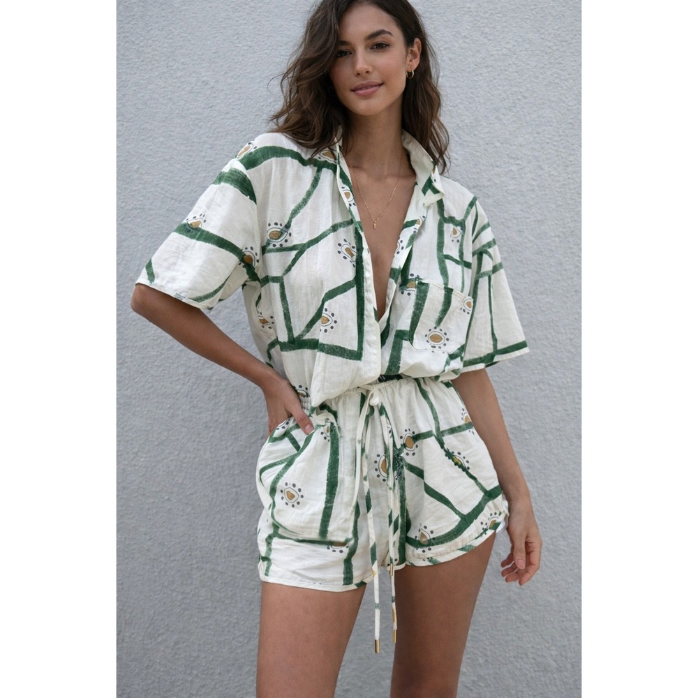 Commense Matching‎ Set Green Abstract Print Button Down Shirt &Drawstring Shorts
